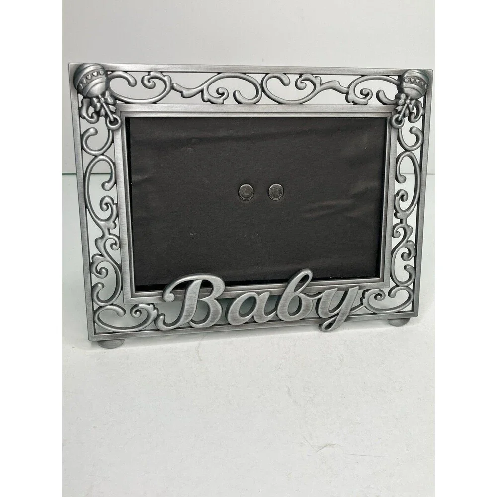 Malden Baby Picture Frame Metal Pewter 4x6 Baby & Rattlers on Boarder New